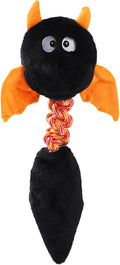Large black, green, or red plush dog toy with cartoon design, squeaker, and rope knot.