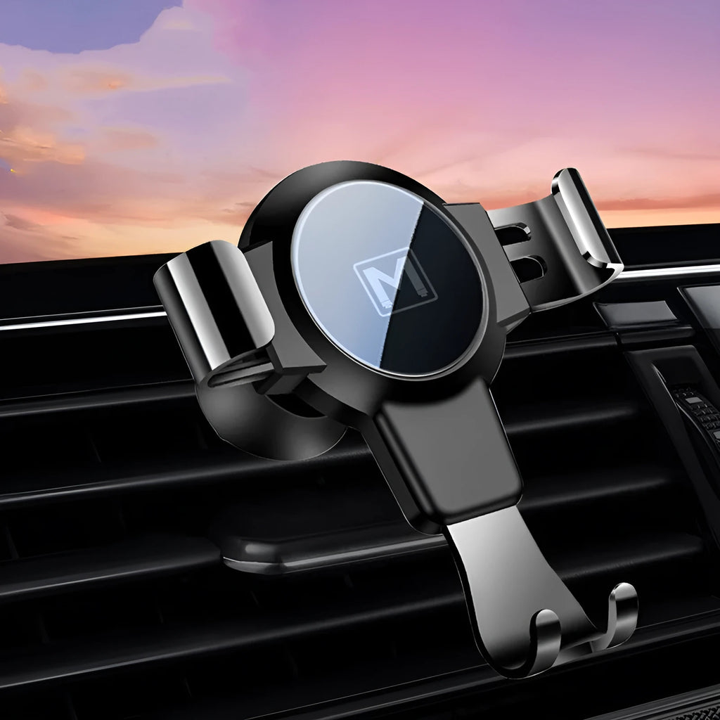 Black S4 gravity mirror ABS phone bracket mounted on a car air conditioning vent, holding a mobile phone.