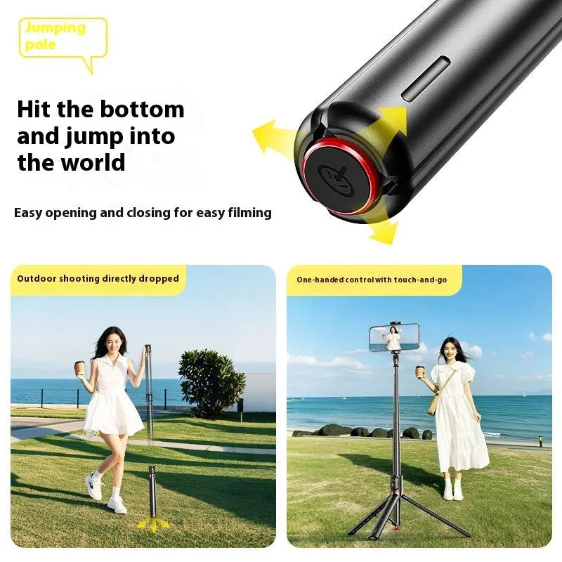 Retractable aluminium alloy selfie stick with Bluetooth remote and tripod base in black
