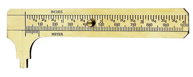Double scale mini copper caliper with brass casting body and clear vernier markings on a white background