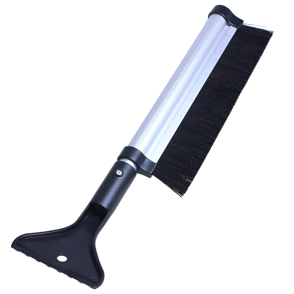 Silver retractable aluminum alloy car snow shovel extended to 65cm on a vehicle windscreen