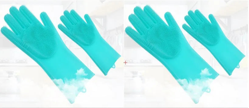 Blue silicone cleaning gloves with a textured sponge palm design for scrubbing.