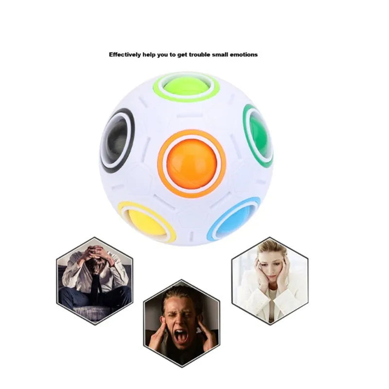 Multicoloured hexagon plastic puzzle ball with visible internal coloured balls, 7cm in diameter.