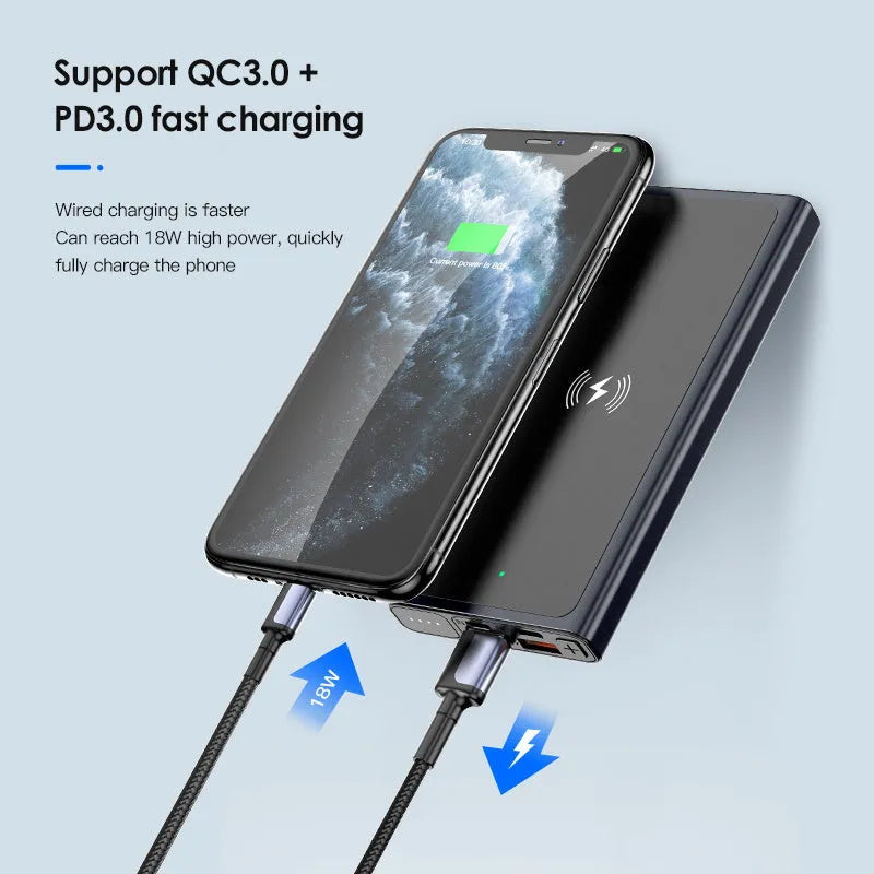 Black and blue 10000mAh power bank with wireless charging and built-in plug