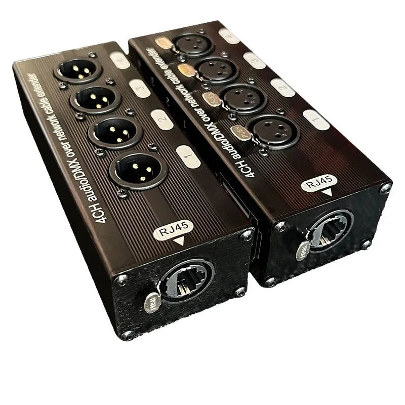 4-way Carnon network cable extender with four XLR ports and Ethercon connection, aluminium alloy shell, 300m range