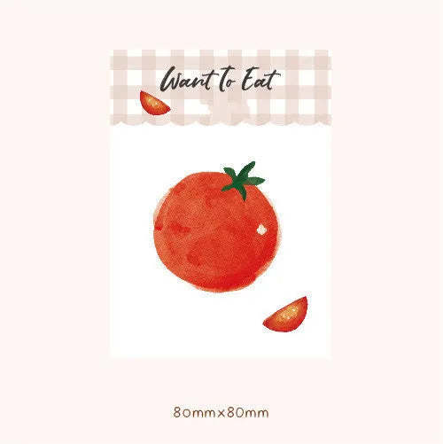 Food-themed pocket note paper cards in bread, tomato, and yoghurt colours, sized 85mm by 120mm.