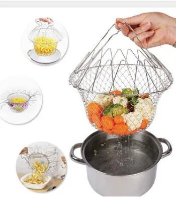 Stainless steel foldable deep fry basket with square grid design for kitchen use