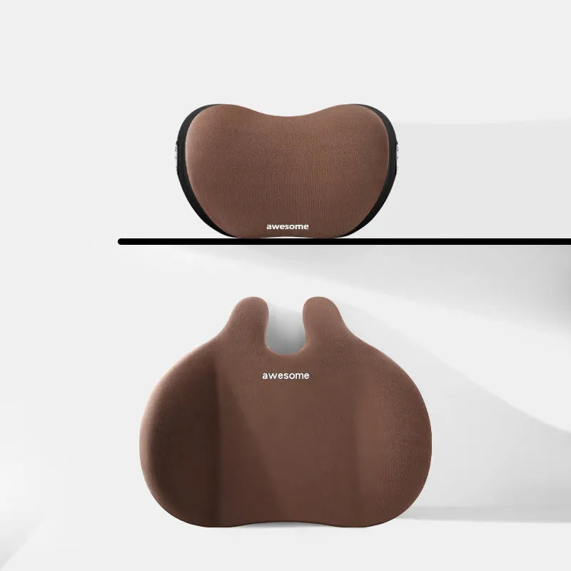 Car headrest and lumbar support pillow set in cloth material, shown in available colours.