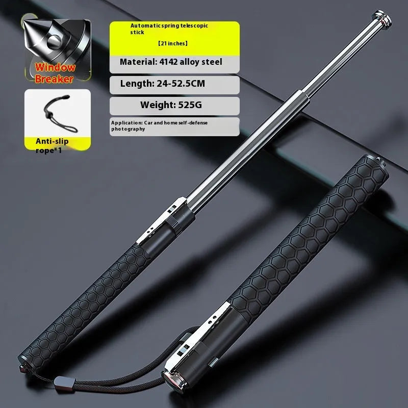 Titanium black aluminium alloy automatic spring expandable baton on dark background