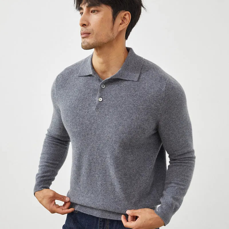 Men's cashmere polo collar pullover sweater in loose fit, shown in sapphire blue colour