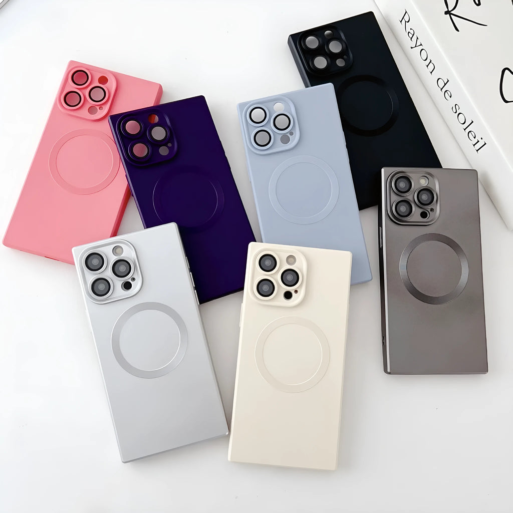 Solid colour square magnetic phone case for Apple iPhone with TPU material, showing black variant