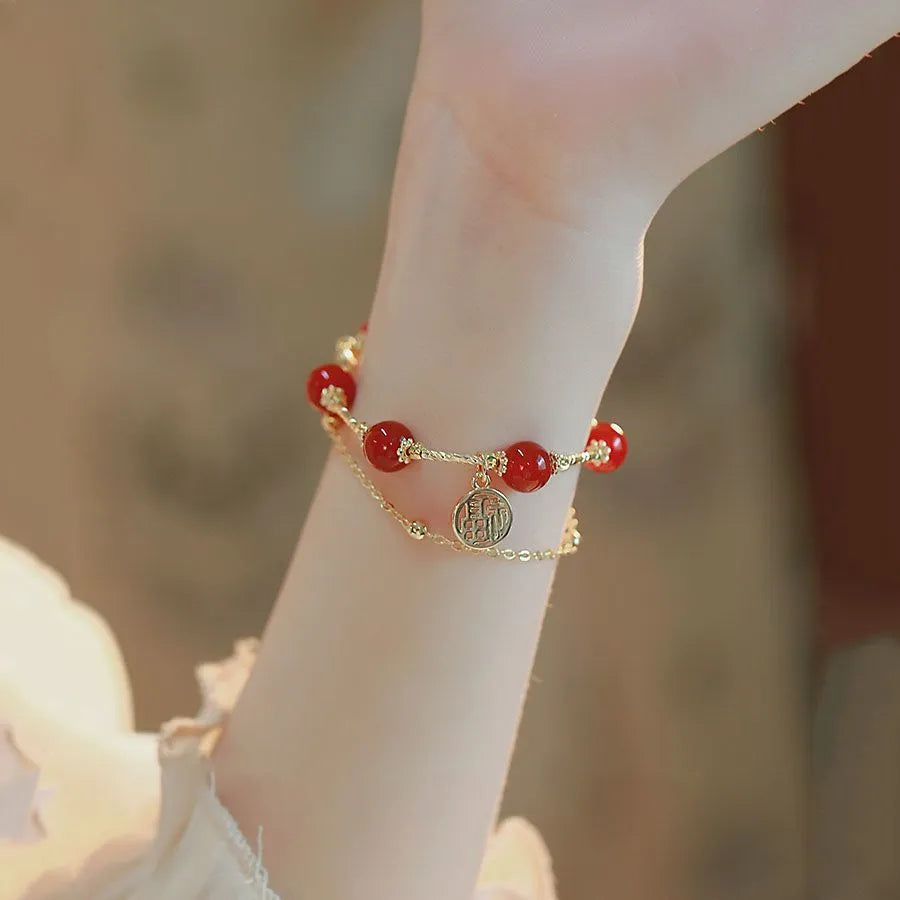 Red agate and alloy double-layer women's bracelet with red horse blessing card charm in gift box