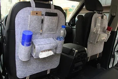 Multi-purpose auto seat organizer bag in wool felt, 33cm x 14cm x 5.5cm, black colour, on car seat back