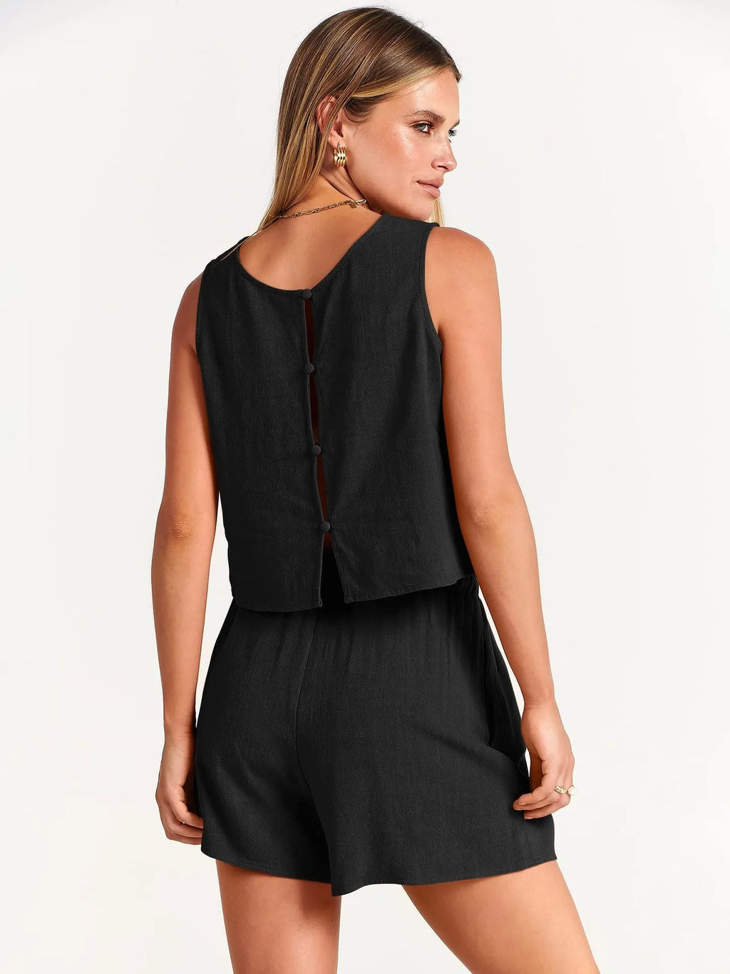 Women's summer two-piece set with sleeveless top and drawstring shorts in rayon linen blend