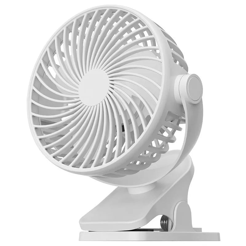 4-inch USB fan in white with three plastic blades and button controls on a desk