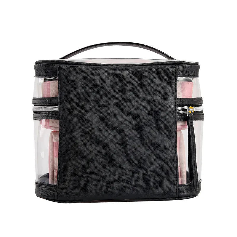 Pink bold stripe floral pattern makeup bag with folding design and waterproof synthetic leather