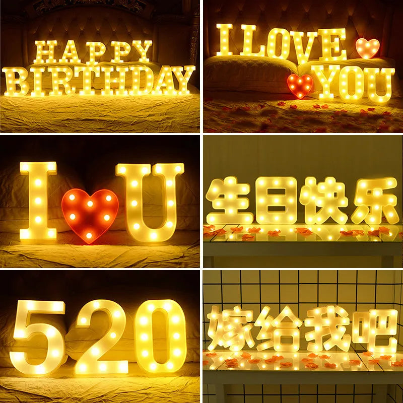 Plastic LED letter light decoration spelling a message, 22cm in height.