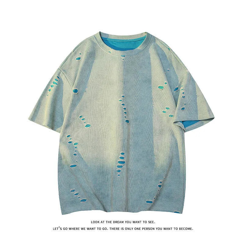 Men's loose fit short sleeve T-shirt with ripped detailing in cotton blend fabric