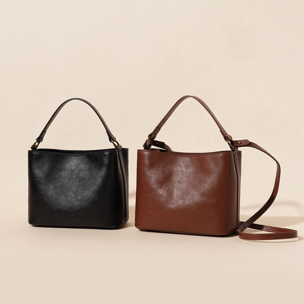 Sugar brown genuine cowhide leather women's vintage shoulder handbag showing square shape and single strap.