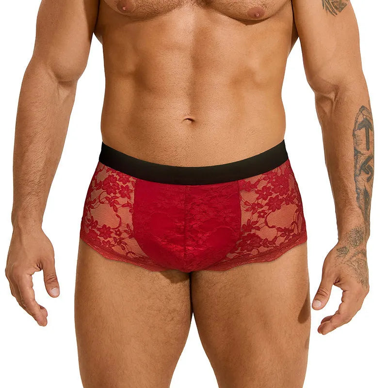 Men's black lace briefs with hollow out see-through design showing sheer nylon fabric