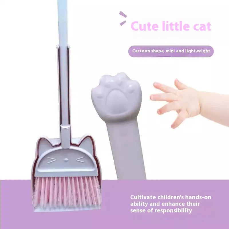 Purple, green, and beige plastic broom and dustpan set with a non-stick rotating brush holder.