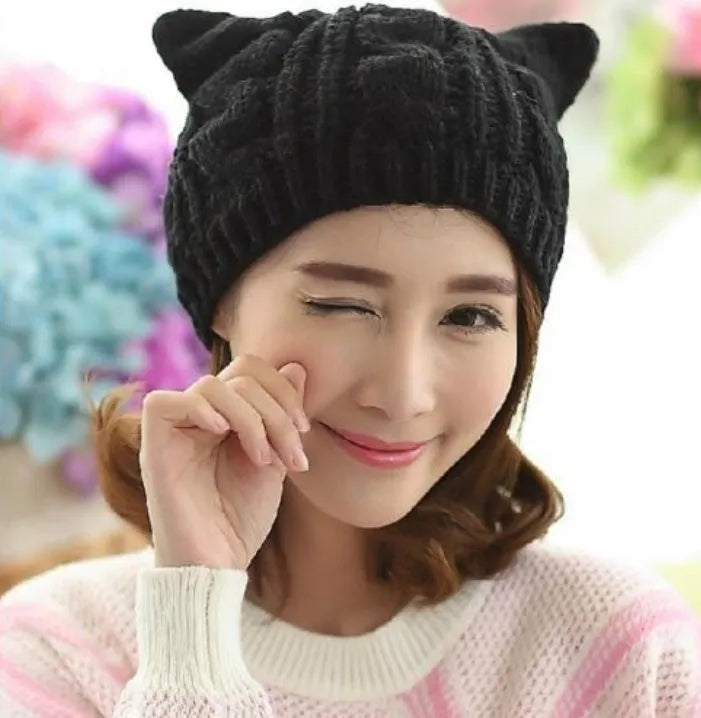 Handmade wool knitted beanie with 3D cat ears in multiple colour options