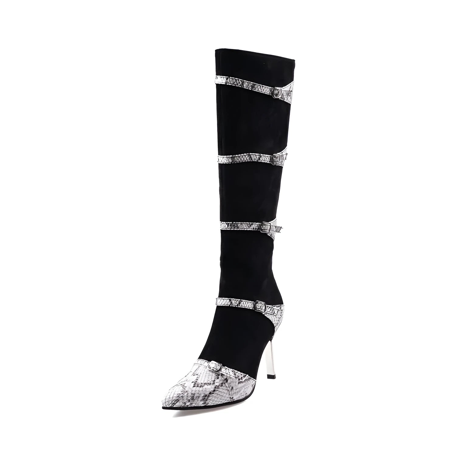 Grey and black women's knee-high boots with a thin 9cm high heel and velvet interior.