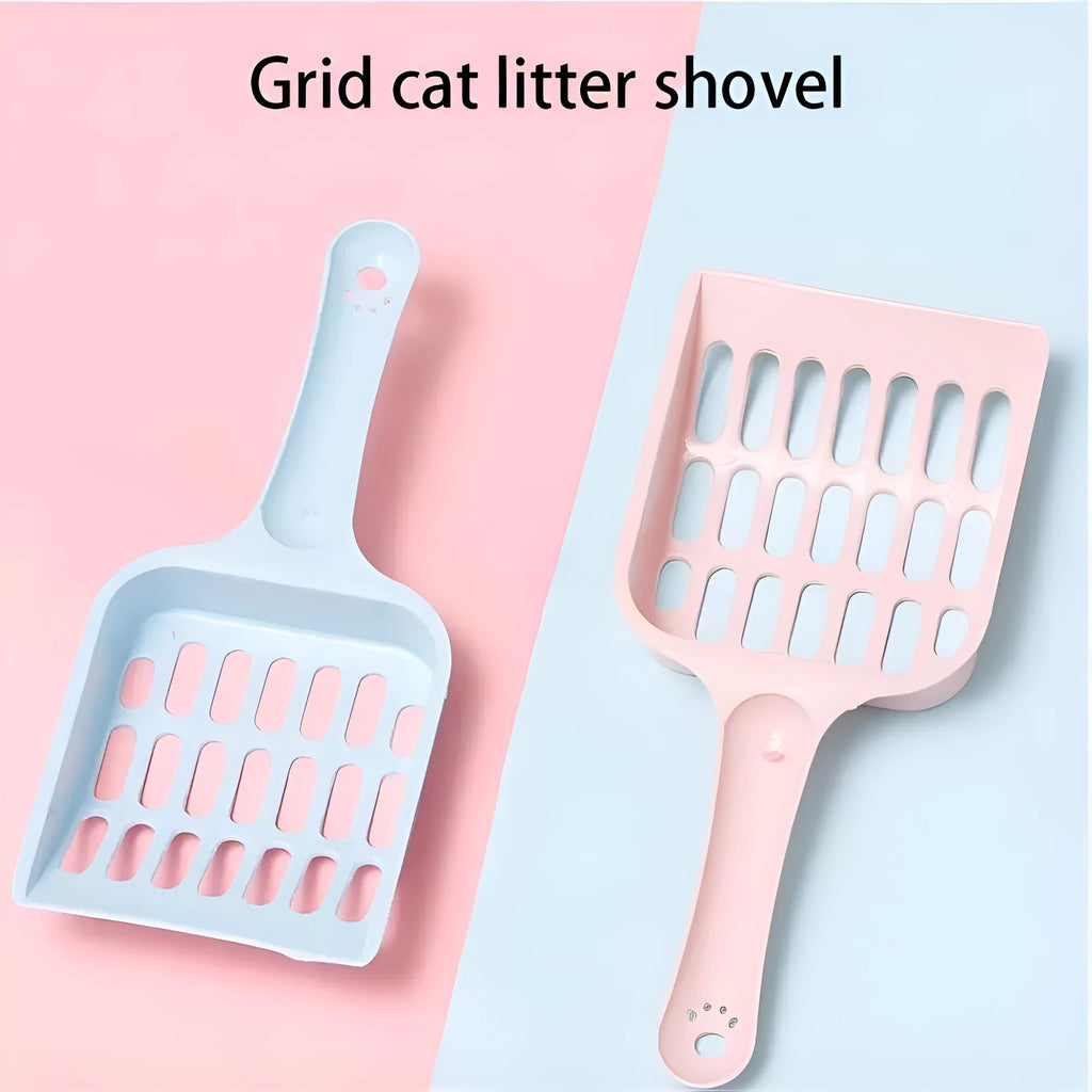 Plastic cat litter scoop in blue, green, or pink colours showing 20cm length