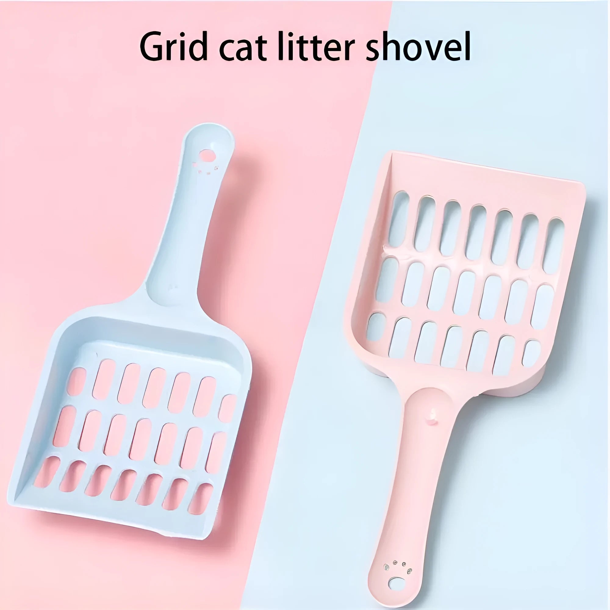 Plastic cat litter scoop in blue, green, or pink colours showing 20cm length
