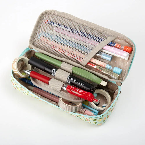 Canvas composite stationery pen storage bag 190x80x40mm in dark cyan pink yellow floral design