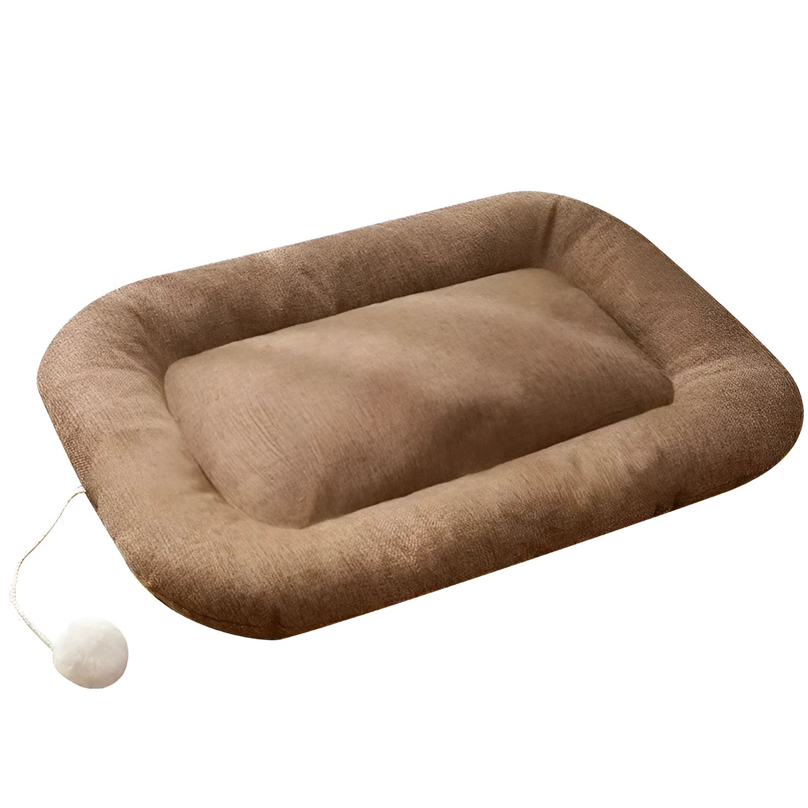 Brown and green pet cushion with removable cover shown in four sizes for small to medium dogs and cats