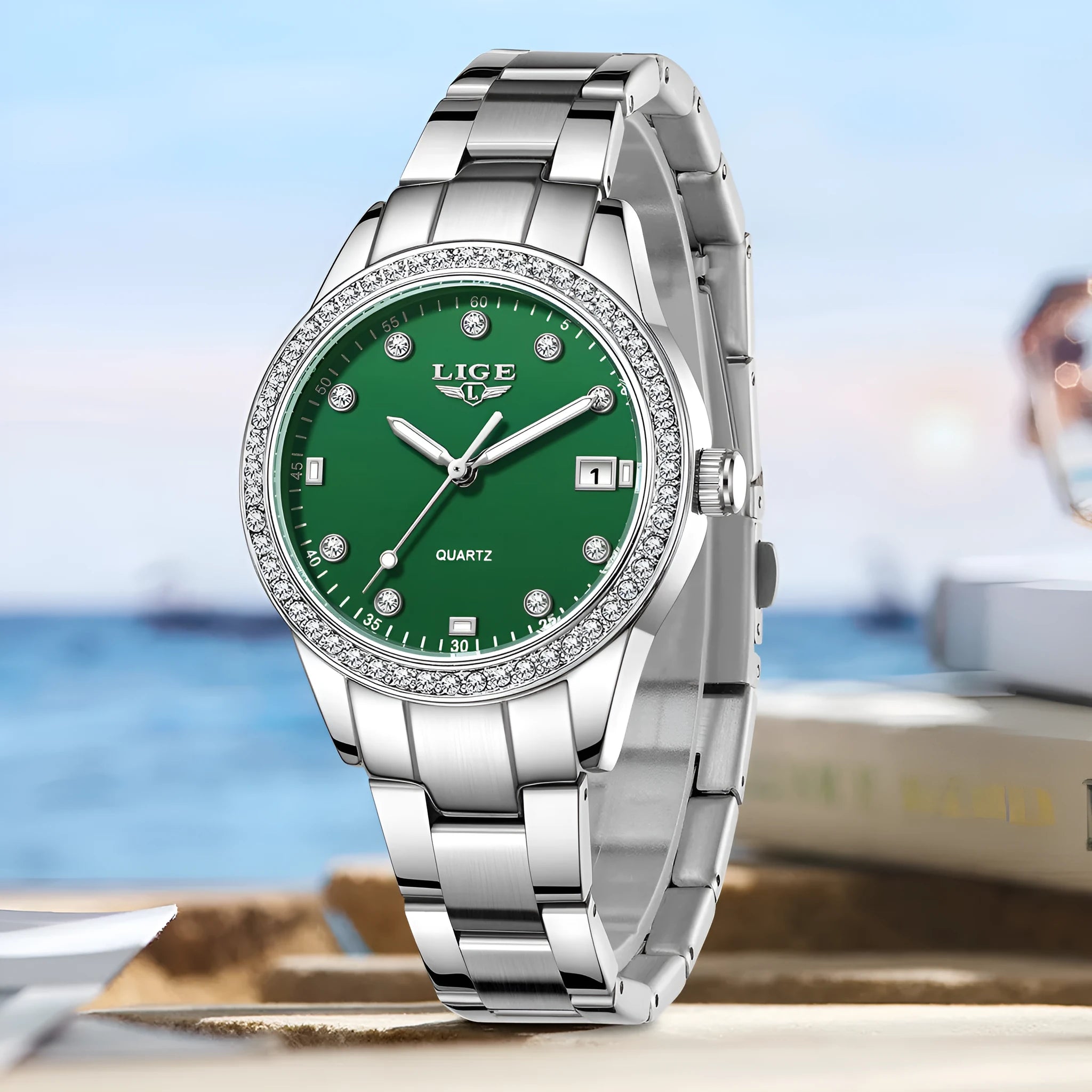 Women's silver fashion watch with diamond markers and luminous hands on stainless steel bracelet