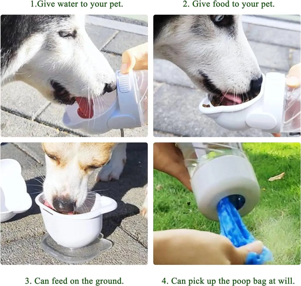 Green 3-in-1 pet water bottle with food container and waste bag dispenser, showing carrying strap.