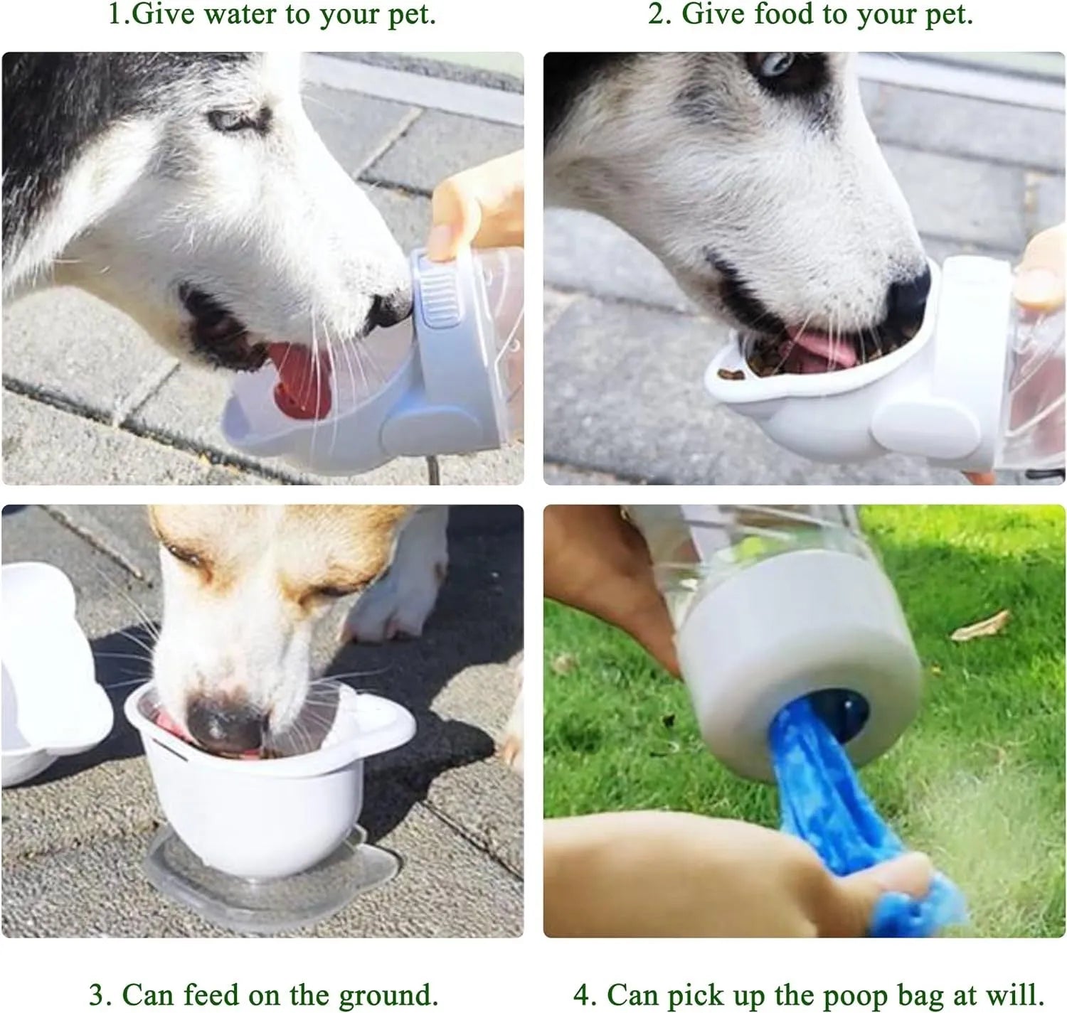 Green 3-in-1 pet water bottle with food container and waste bag dispenser, showing carrying strap.