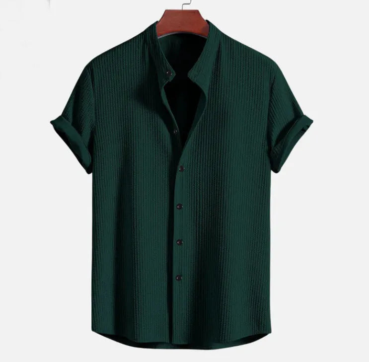 Men's loose fit short sleeve polyester shirt in multiple colour options including wine red, dark green and light blue