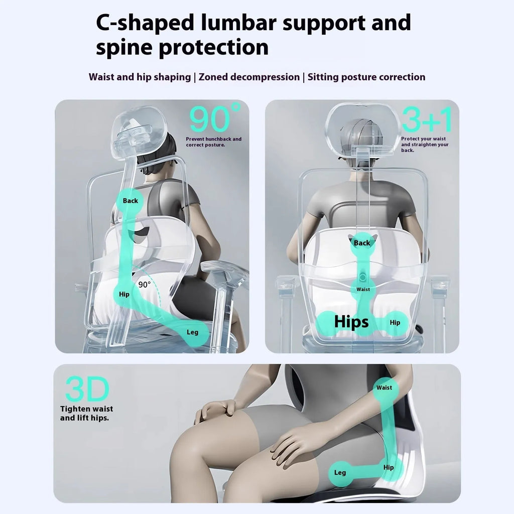 Grey Japanese-style lumbar support cushion for office chair and back pain relief.