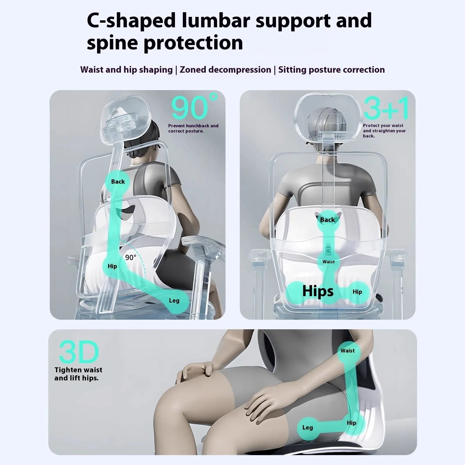Grey Japanese-style lumbar support cushion for office chair and back pain relief.