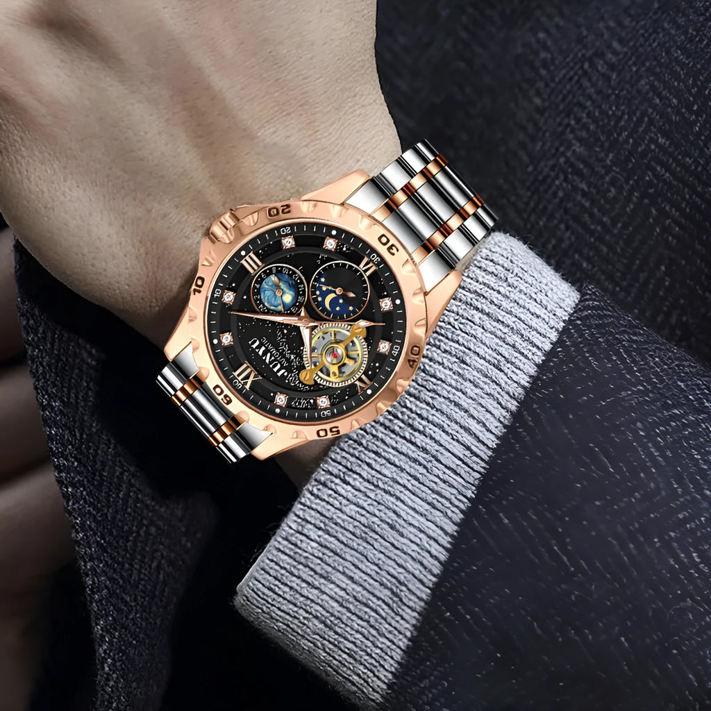 Men's automatic mechanical watch with waterproof and luminous features, rose gold case and black starry sky dial
