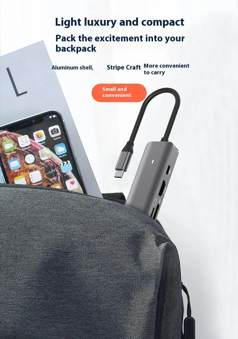 7-in-1 USB C computer hub with SD card slots and charging port for laptop connectivity expansion