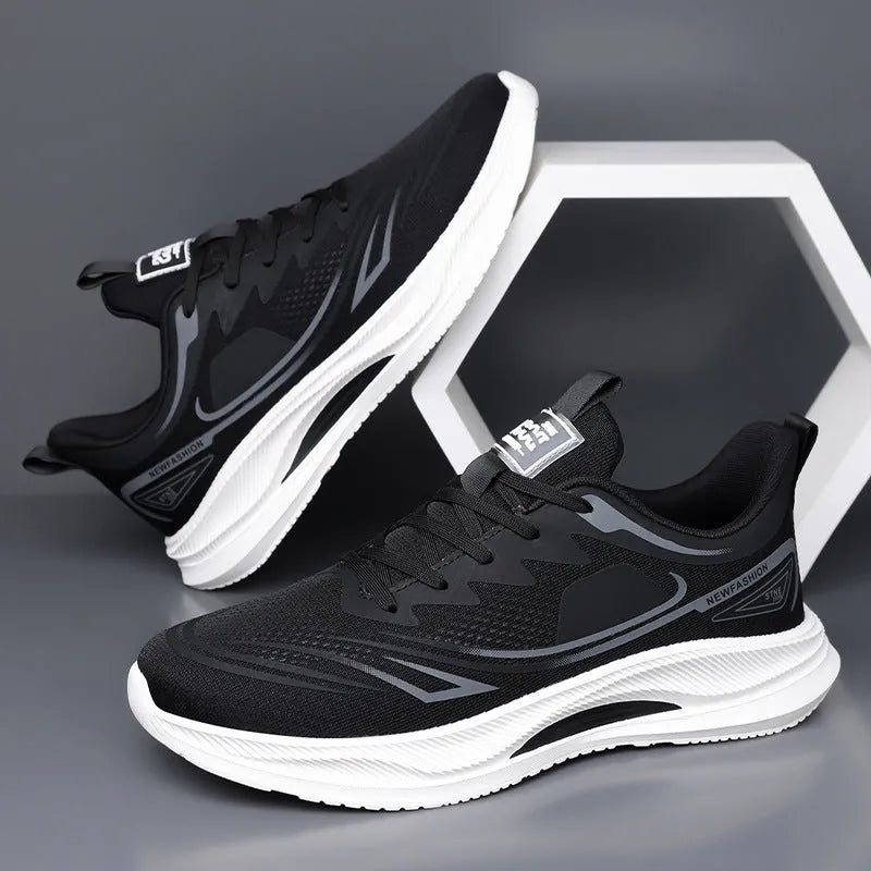 Men's lightweight black mesh casual sneakers with a rubber sole and low platform heel.