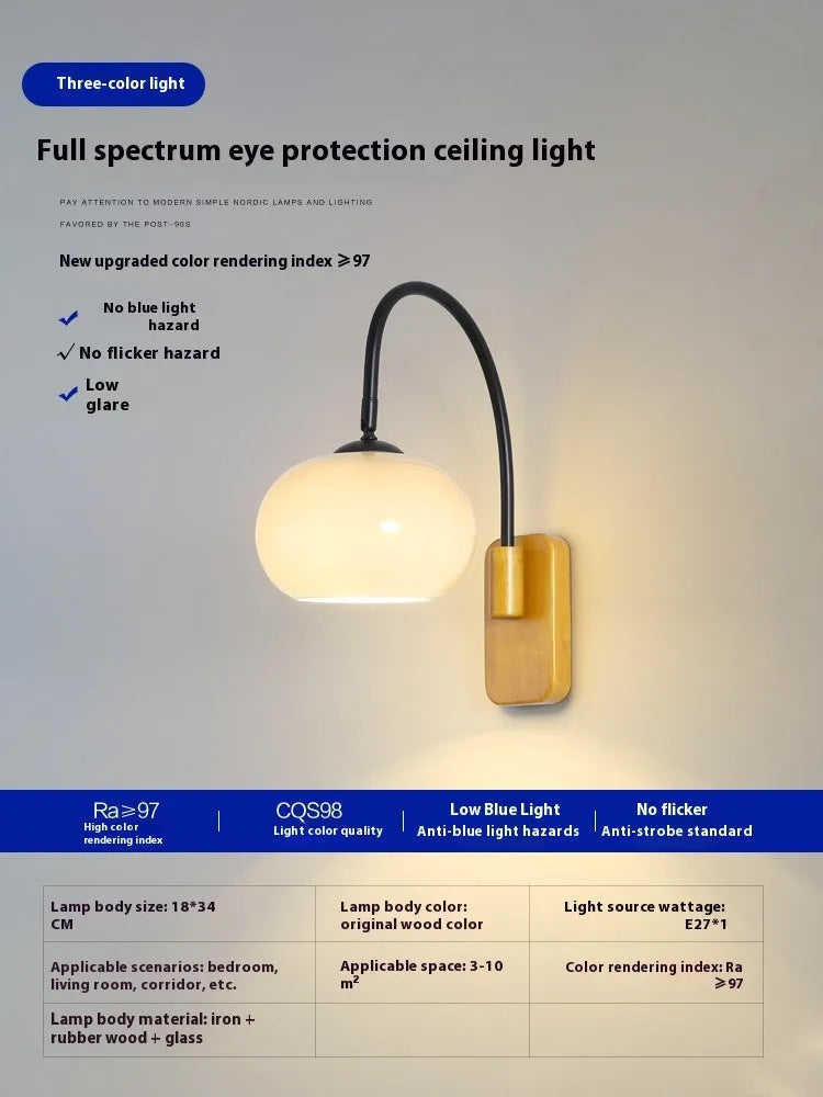 Creative retro glass wall LED lamp with walnut colour iron finish and milky white 32cm shade