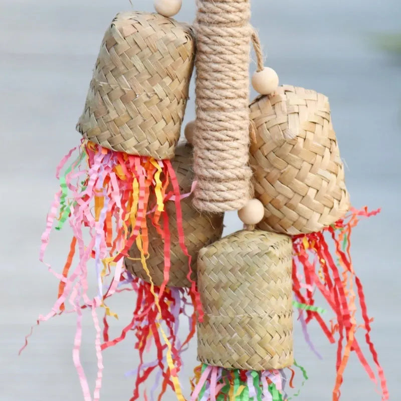 Colourful shredded paper bird toy made from wood and sisal for parrot chewing enrichment