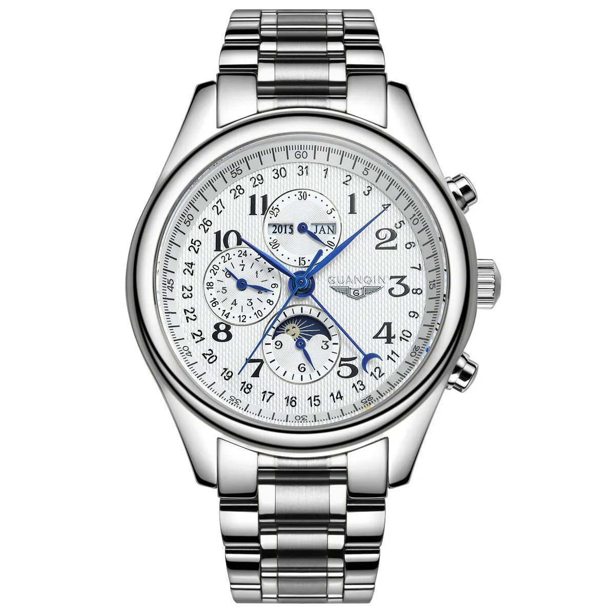 Men's mechanical perpetual calendar watch with moon phase display and luminous hands