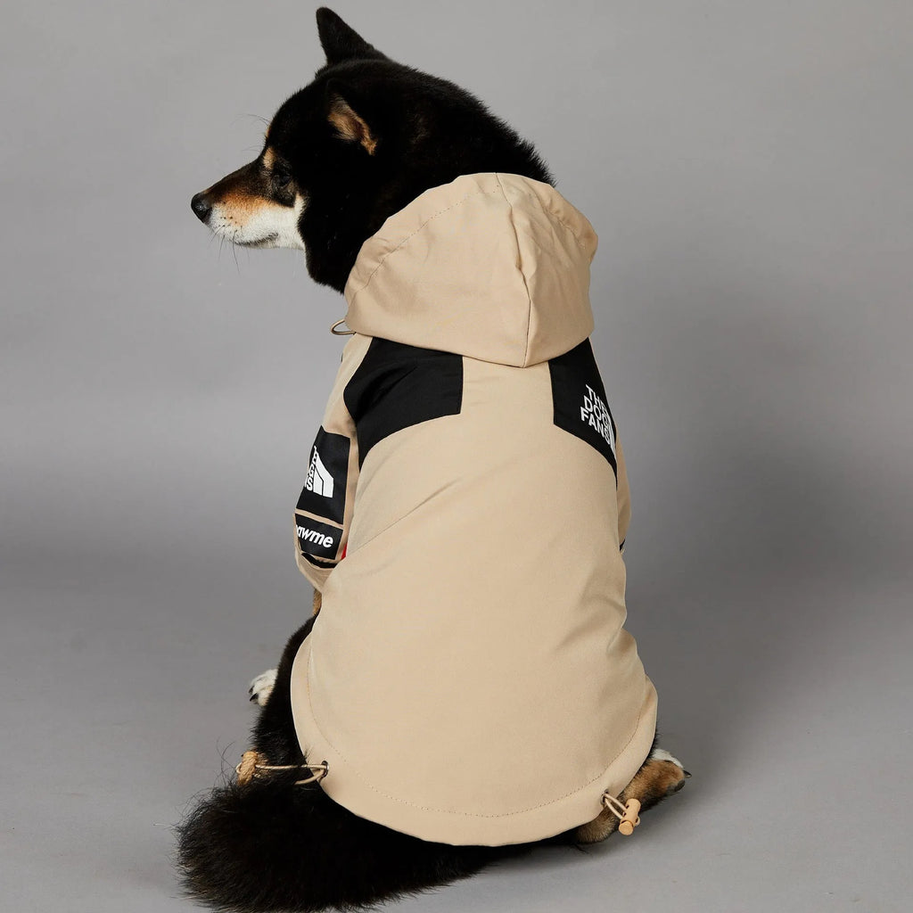 Khaki-coloured polyester dog shell coat shown on a model, sizes S to 5XL