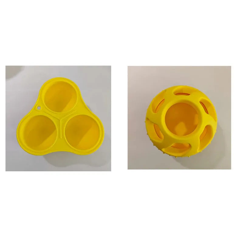 Yellow silicone pet slow feeder ball with snack mould for dogs and cats
