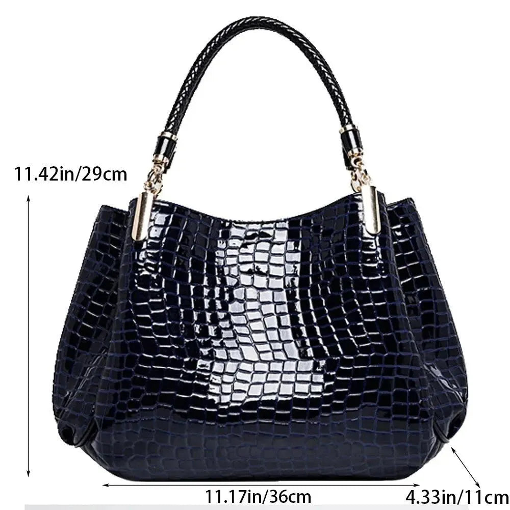 Women's large capacity tote bag with crocodile print and bright face detail, black PU, 36x11x29cm shoulder bag