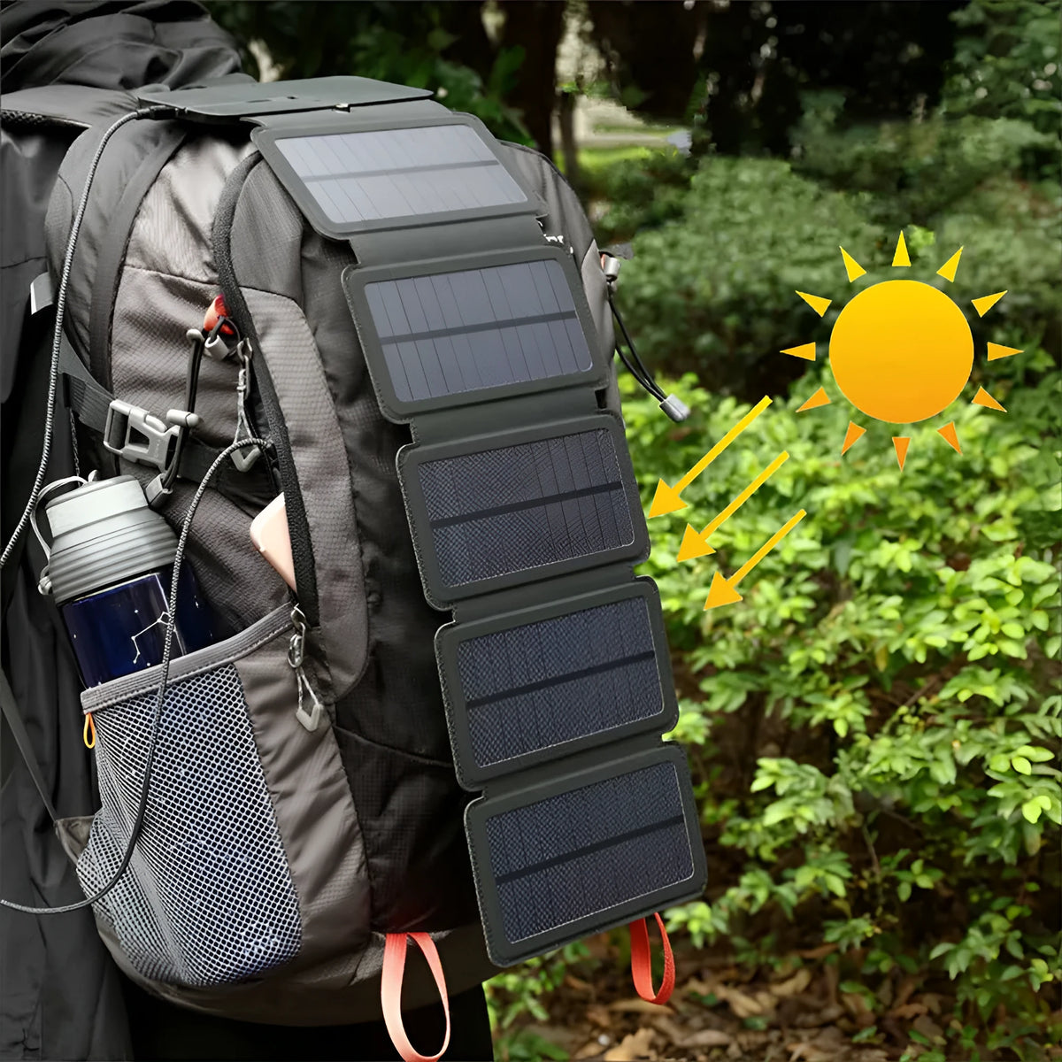 Folding solar panel charger with monocrystalline silicon cells, USB output, and compass buckle in black