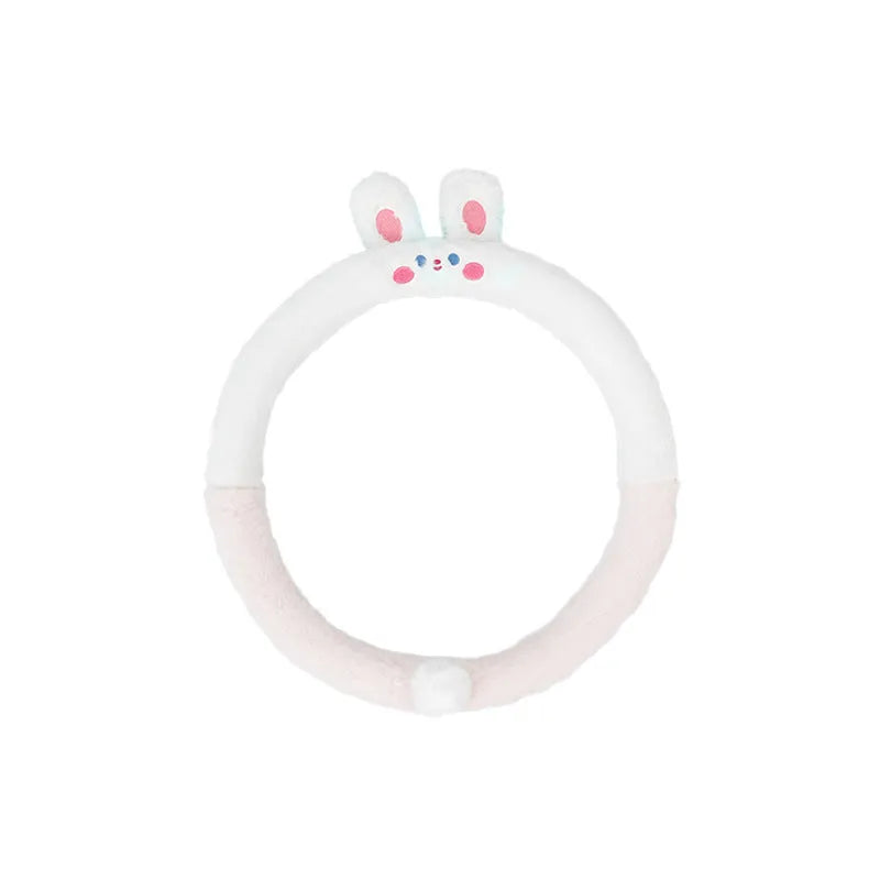 Plush thermal car steering wheel cover with rabbit fur embroidered cartoon design, 38cm diameter