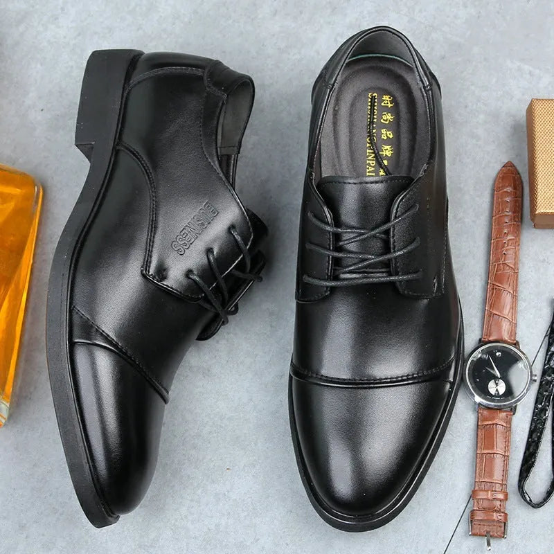 Men's plus size black PU leather formal lace up shoes with rubber sole and horse buckle detail