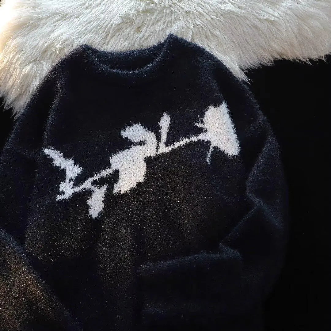 Men's cotton sweater with flocked horse motif design in apricot colour, showing pullover style with long sleeves